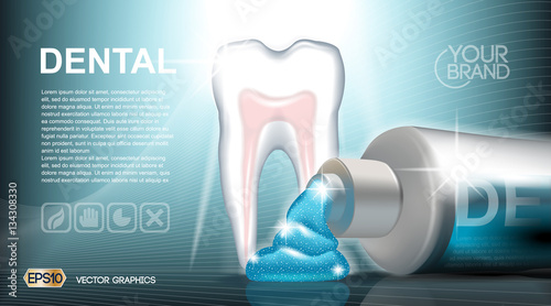 Digital vector blue medicine toothpaste infographics of oral hygiene mockup and tooth structure, with your brand, ready for print ads or magazine design. White and shine, realistic 3d style