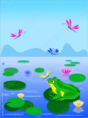 Cartoon green frog sitting on a lily leaf