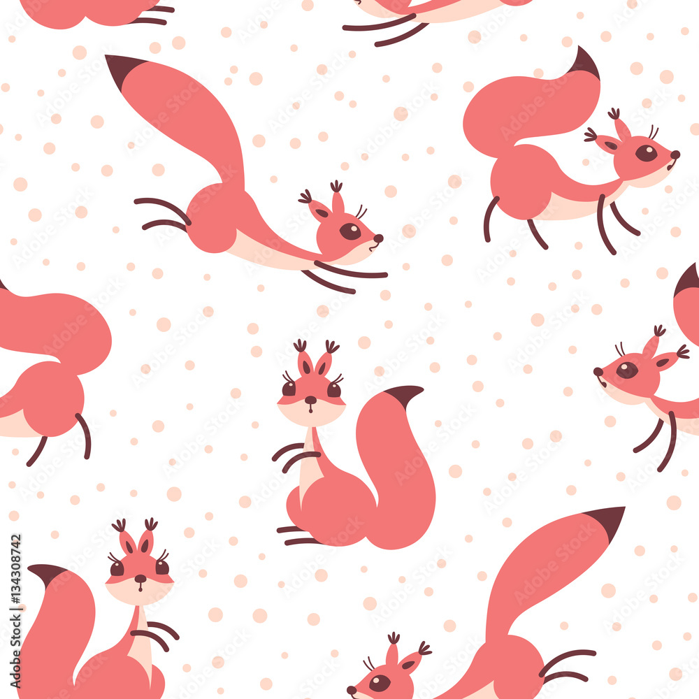 Little cute squirrels under snowfall. Seamless winter pattern for gift wrapping, wallpaper, childrens room or clothing.