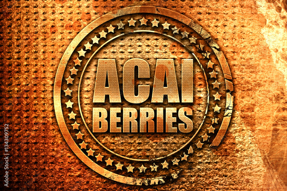 acai berries, 3D rendering, grunge metal stamp