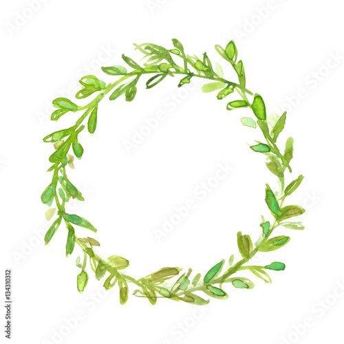 Simple round green wreath painted in watercolor on clean white background