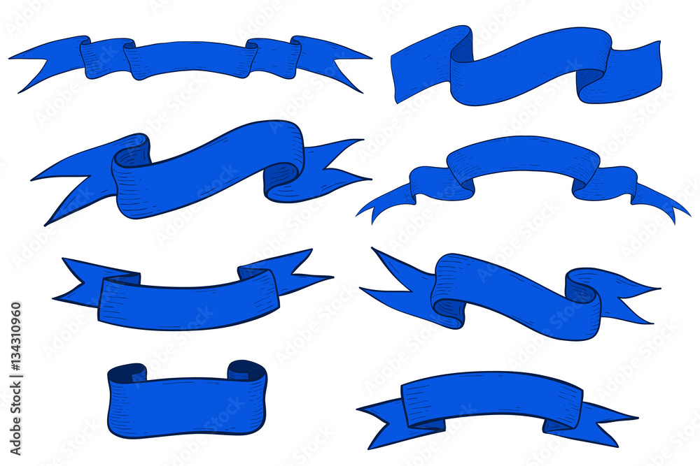 Collection of blue ribbon banners and scrolls. Hand drawn sketch