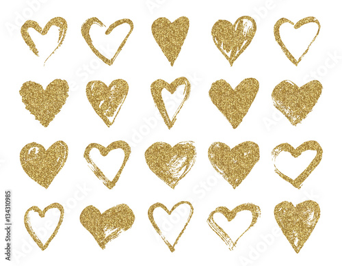 Valentine day gold glitter doodle hearts. Hand drawn hearts brushes for wedding and valentine cards.