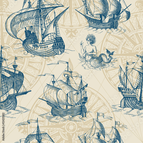 Old caravel, vintage sailboat, sea monster. Vector seamless pattern