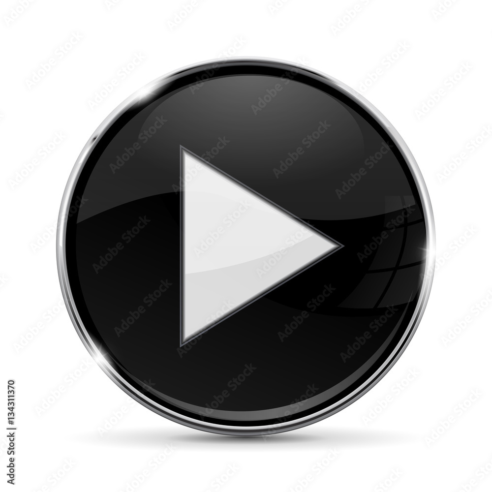 Black round button with white PLAY sign. With metal frame Black round button with white PLAY sign. With metal frame