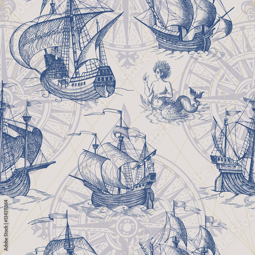 Old caravel, vintage sailboat, sea monster. Vector seamless pattern