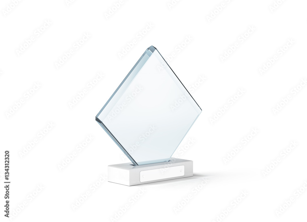 Blank glass trophy mockup stand on clear marble base, 3d rendering