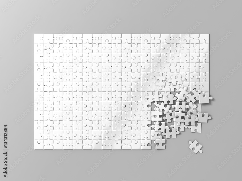 Blank white puzzles game mockup, connecting together, 3d rendering. Clear jigsaw pieces merging, design mock up. Big desktop toy template. - obrazy, fototapety, plakaty 