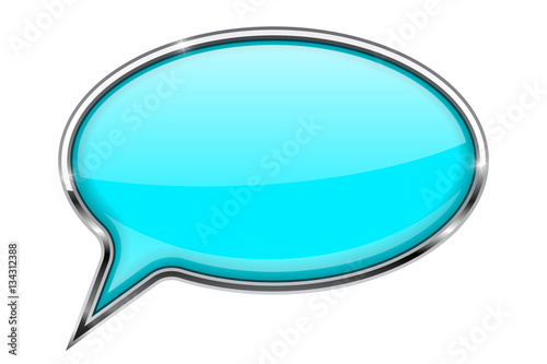 Speech bubble. Blue turquoise 3d icon with chrome frame