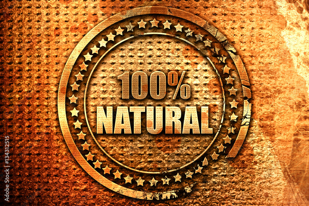 100%% natural, 3D rendering, grunge metal stamp