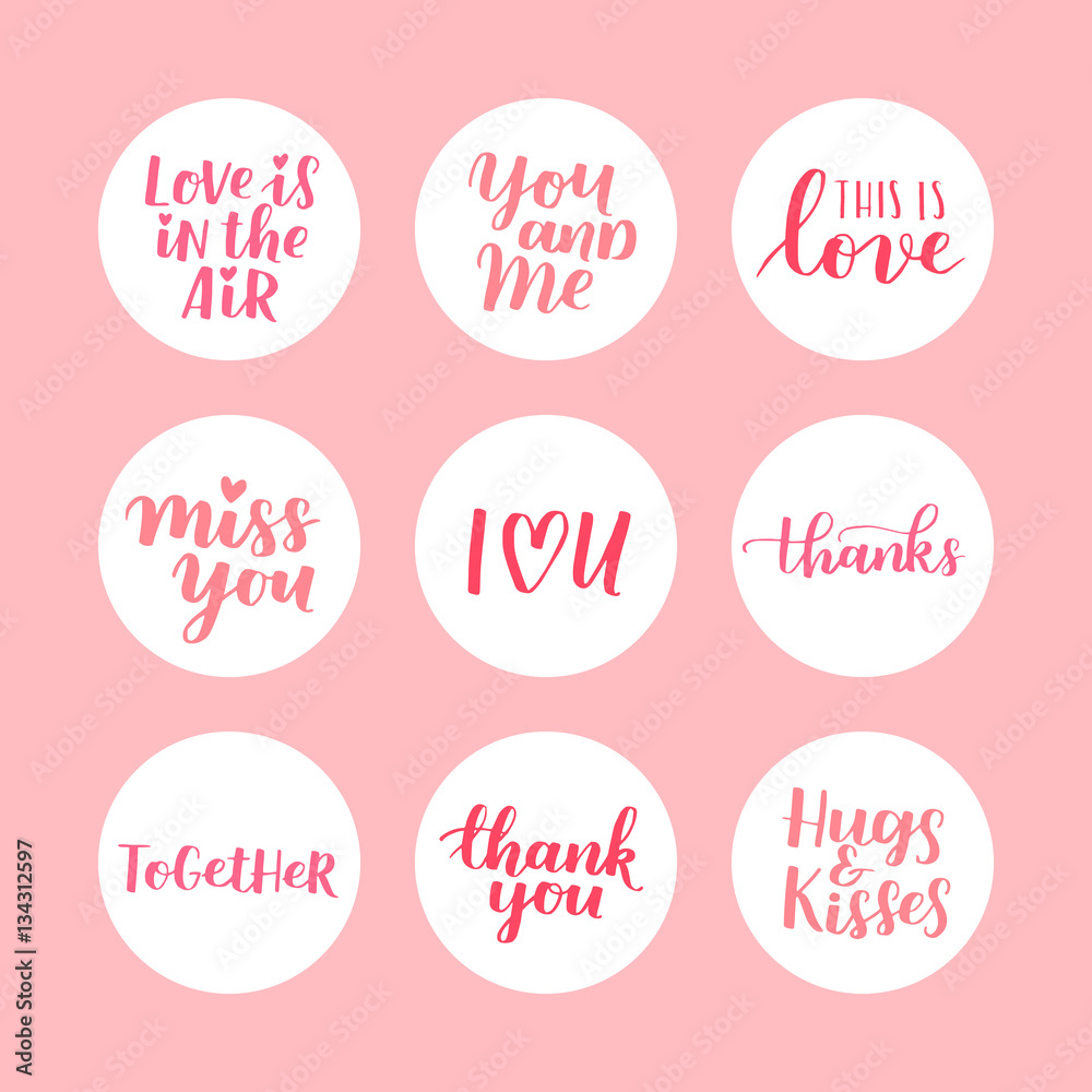 Valentines holiday vector set - red, pink and white design elements and hand written lettering for your design. Romantic sticker collection with love quotes.