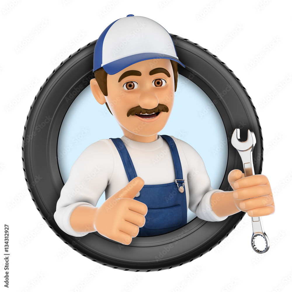 3D Logo. Mechanic with wrench and tyre - obrazy, fototapety, plakaty 