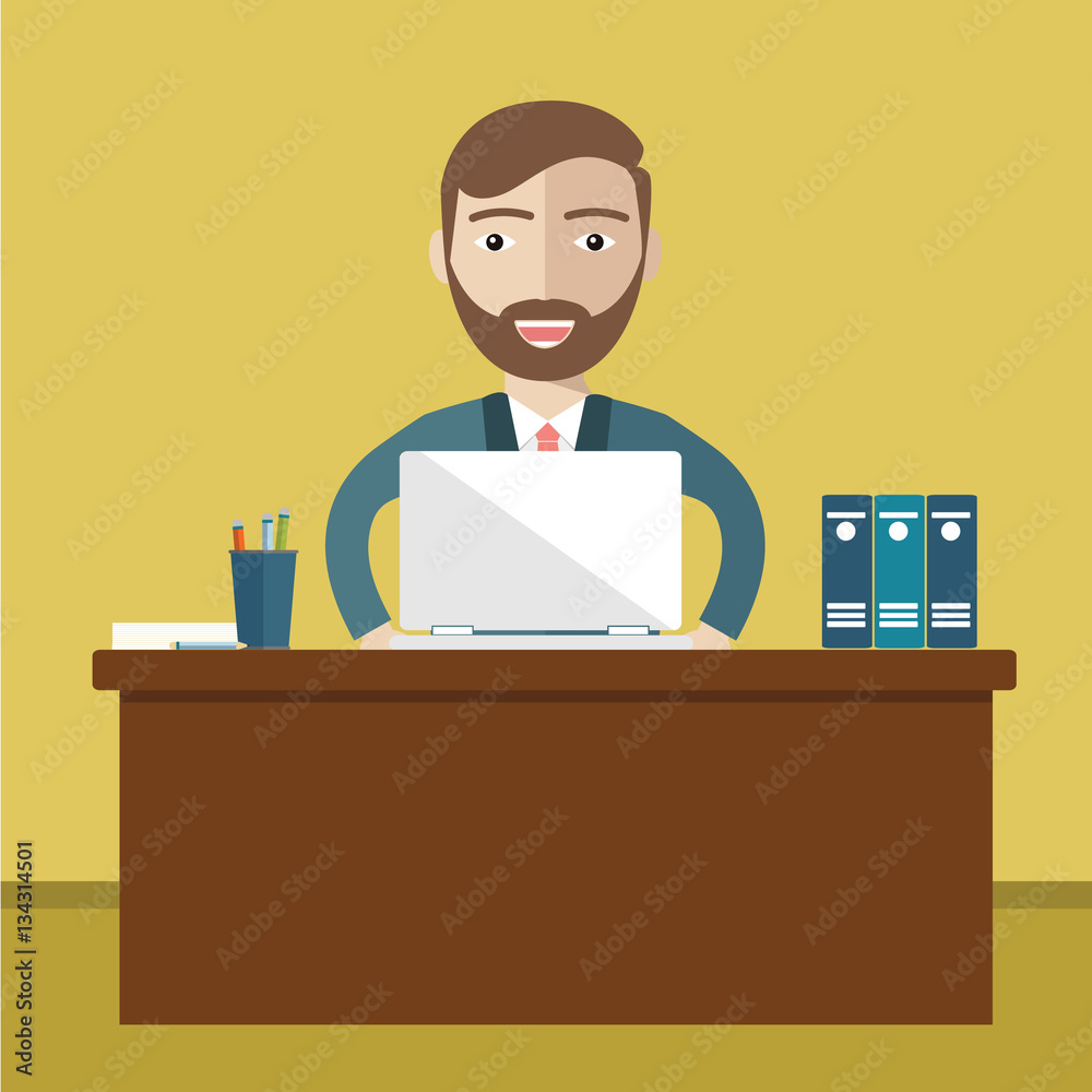 Business concept - Man sitting at the table and working on the computer in the office. Vector illustration, flat style. Business concept - Man sitting at the table and working on the computer in the office. Vector illustration, flat style.