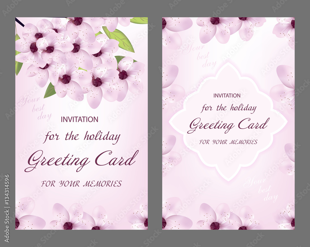 Set of wedding card. Decorative greeting card or invitation design with cherry flower. Vector illustration.