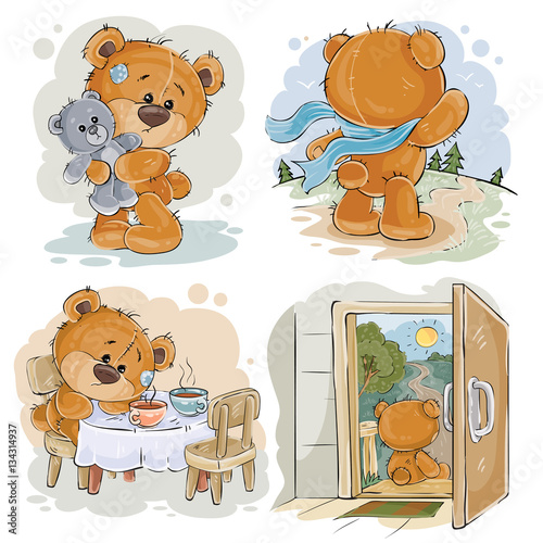 Set vector clip art illustrations of bored teddy bears.