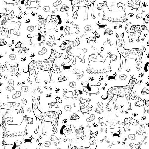 Fototapeta Naklejka Na Ścianę i Meble -  Black and white doodle dogs seamless
