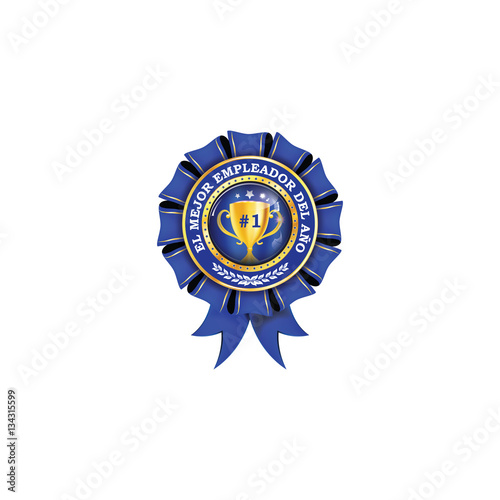 Best employer of the year - Spanish language (El Mejor empleador del ano) - printable business golden blue icon / ribbon award distinction for companies. Print colors (CMYK) used