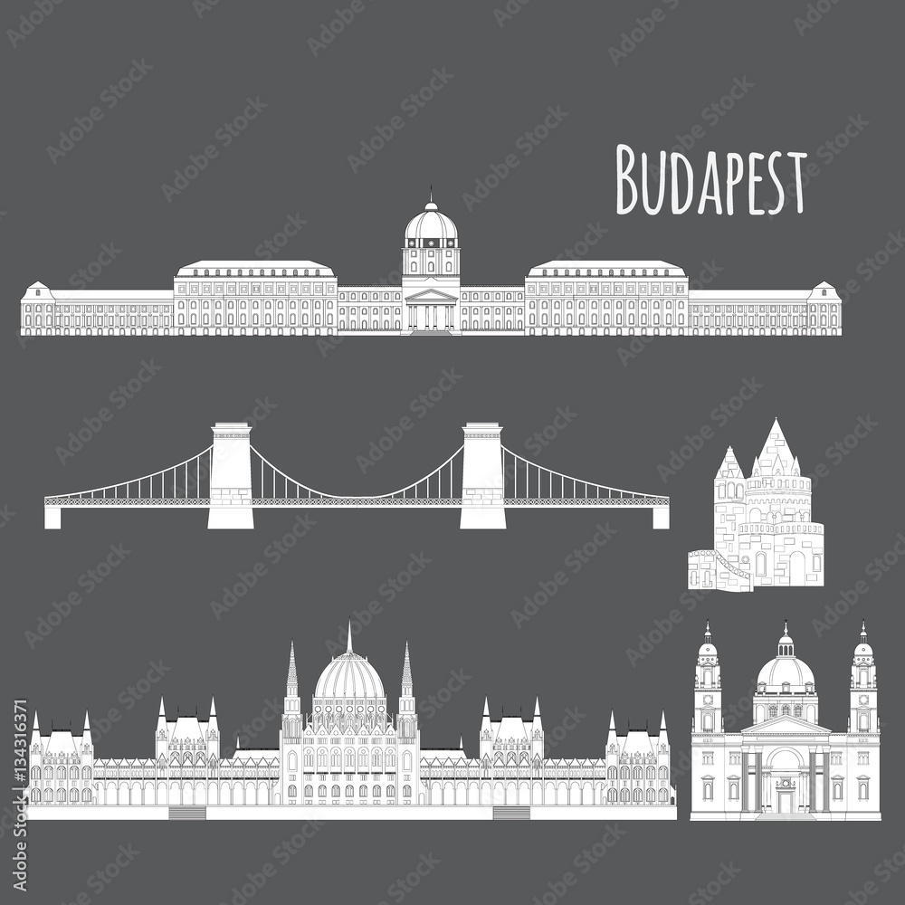 Hungarian City sights in Budapest. Hungary Landmark Travel And Journey Architecture Elements Buda castle, Chain Bridge. Budapest parliament, St. Istvan basilica