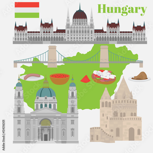 Hungarian City sights in Budapest. Hungary Landmark Travel And Journey Architecture Elements Buda castle, Chain Bridge. Budapest parliament, Fisherman's bastion, St. Istvan basilica. Traditional food