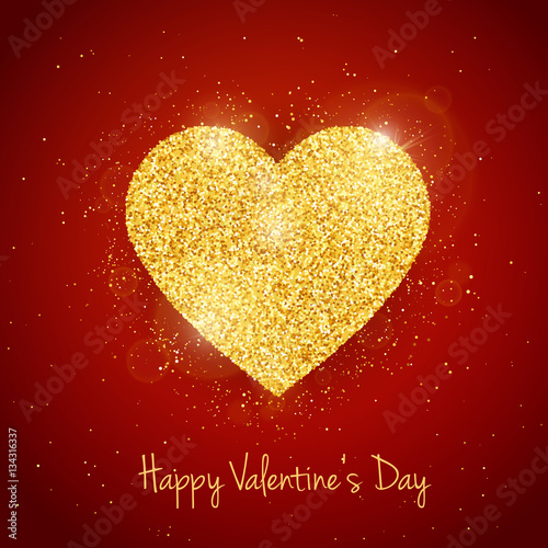 Vector Happy Valentine's Day greeting card with sparkling glitter gold textured heart on red background. Seasonal holidays background with love symbol