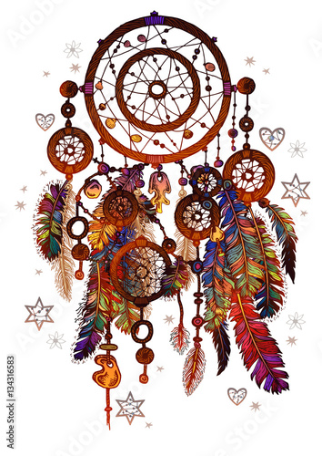 Hand drawn ornate Dreamcatcher with gemstones.
