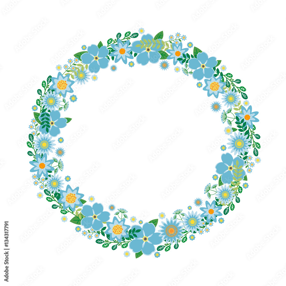 Handdrawn Spring Blue Flowers Round Cover Wreath Forget-me-nots 