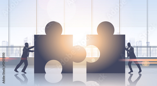 Business People Pushing Puzzle Part Brainstorming Process Teamwork Strategy Flat Vector Illustration