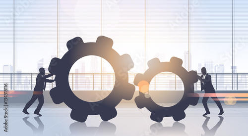 Business People Pushing Cogwheel Brainstorming Process Teamwork Flat Vector Illustration