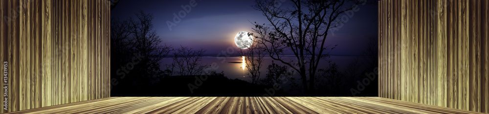 Wooden floor and wall with beautiful bright full moon Wooden floor and wall with beautiful bright full moon