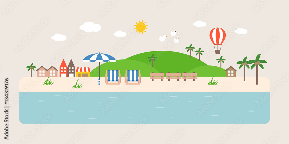 Info graphic and elements of tourist spot of sea, beach and coastal landscapes, flat design vector illustration 