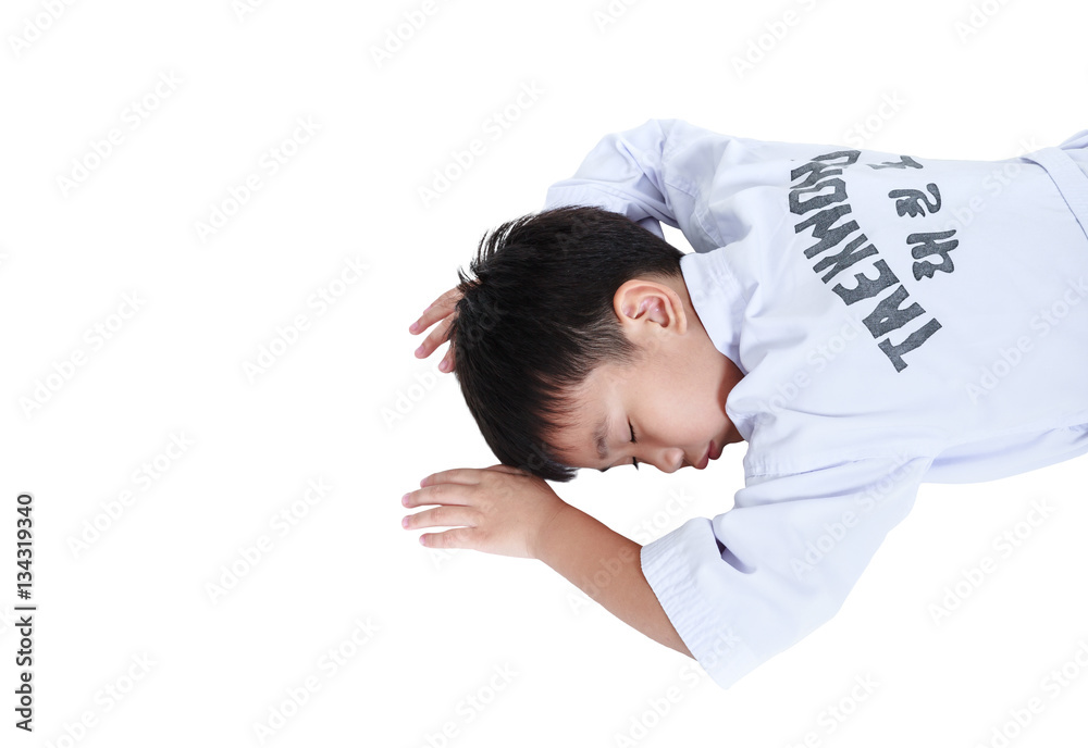 Asian child athletes taekwondo hurt the forehead. Isolated on white