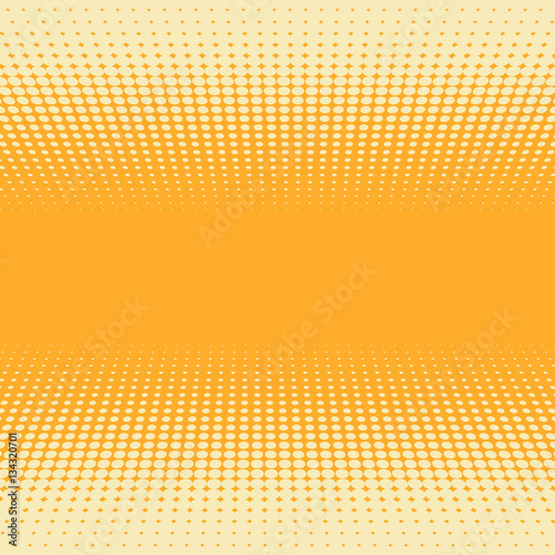 Orange and yellow 3D perspective halftone vector background.