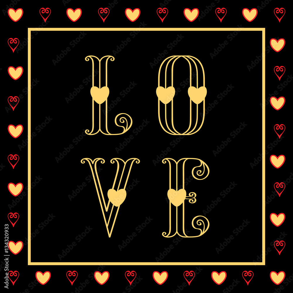 Stylish love card with gold love and hearts Stylish love card with gold love and hearts