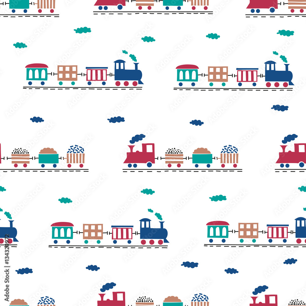 Toy trains seamless pattern. Vector background for kids design. 