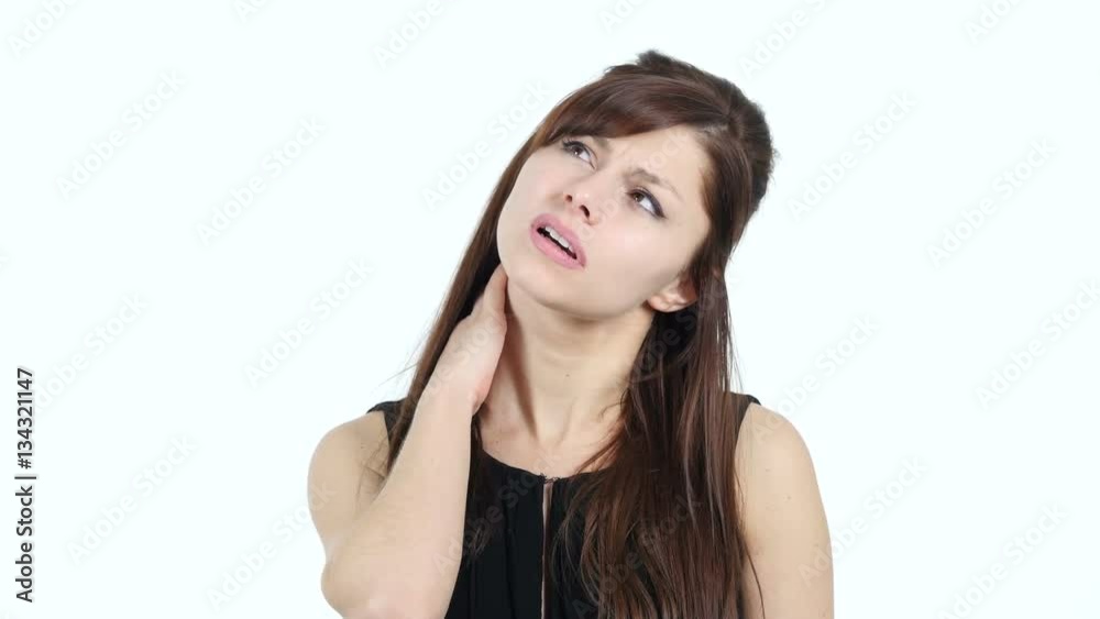 Tired Young Girl with Neck Pain, White Background Tired Young Girl with Neck Pain, White Background