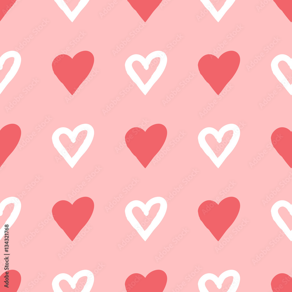 Repeated silhouettes and contours drawn heart brush. Seamless pattern.