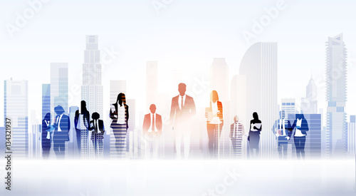 Business People Group Silhouettes Over City Landscape Modern Office Buildings Vector Illustration