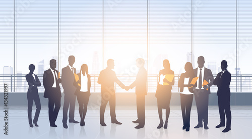 Business People Group Meeting Agreement Hand Shake Silhouettes Modern Office Building Interior Vector Illustration