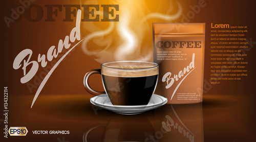 Realistic hot coffee cup and package Mockup template for branding, advertise product designs. Fresh steaming drink in a mug with shadows reflections