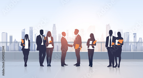 Business People Group Meeting Agreement Hand Shake Silhouettes Modern City View Office Building Vector Illustration