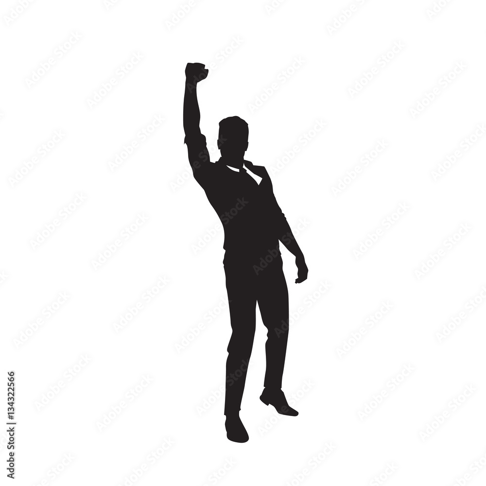 Business Man Black Silhouette Excited Hand Up Success Full Length Over White Background Vector Illustration