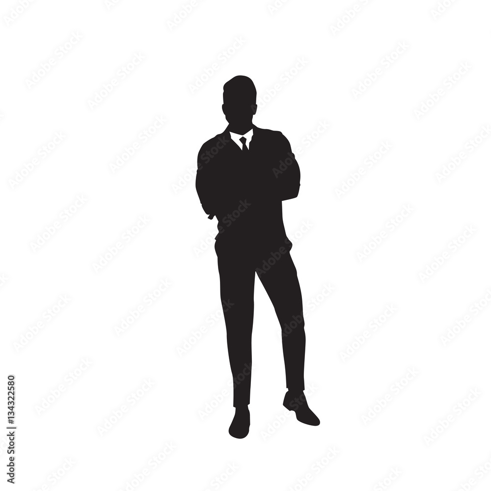 Business Man Black Silhouette Folded Hands Full Length Over White Background Vector Illustration