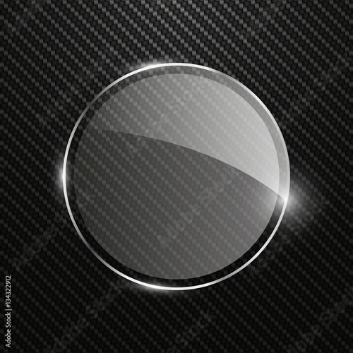 Abstract carbon background with transparent round glass banner, vector illustration
