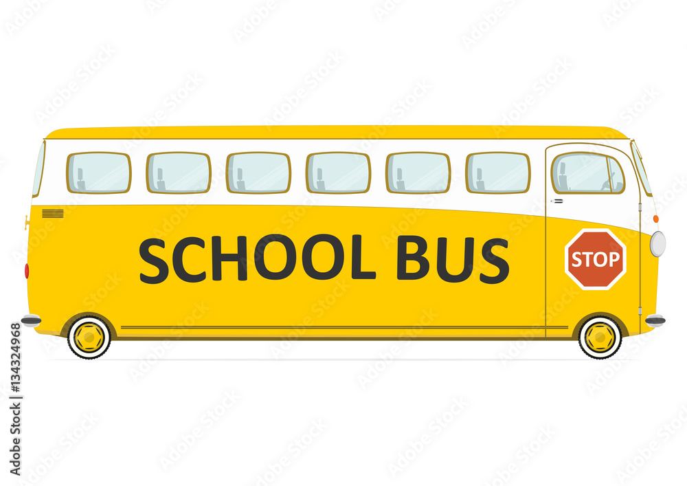 Funny retro school bus. Side view. Flat vector. Funny retro school bus. Side view. Flat vector.