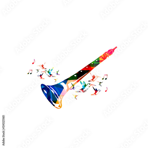 Colorful indian shehnai with music notes and hummingbirds isolated. Music instrument background vector illustration. Design for poster, brochure, invitation, banner, flyer, concert and music festival photo