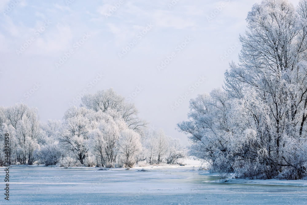 Landscape with trees, frozen water, ice and snow on the Dnieper river in Kiev, Ukraine, during winter Landscape with trees, frozen water, ice and snow on the Dnieper river in Kiev, Ukraine, during winter