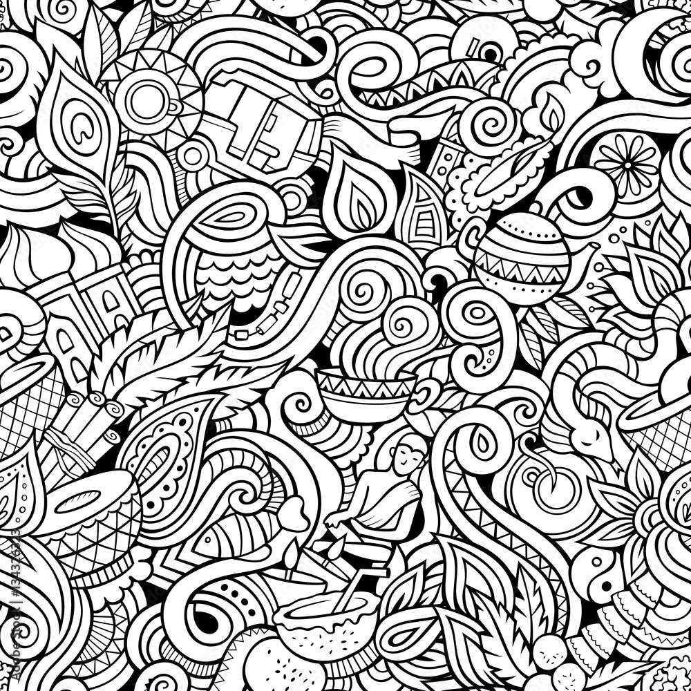 Cartoon cute doodles hand drawn Indian culture seamless pattern