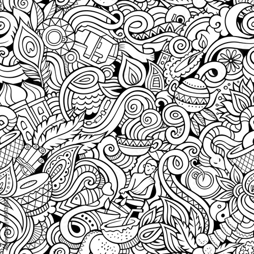 Cartoon cute doodles hand drawn Indian culture seamless pattern