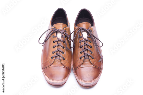 man leather brown shoes on white background.