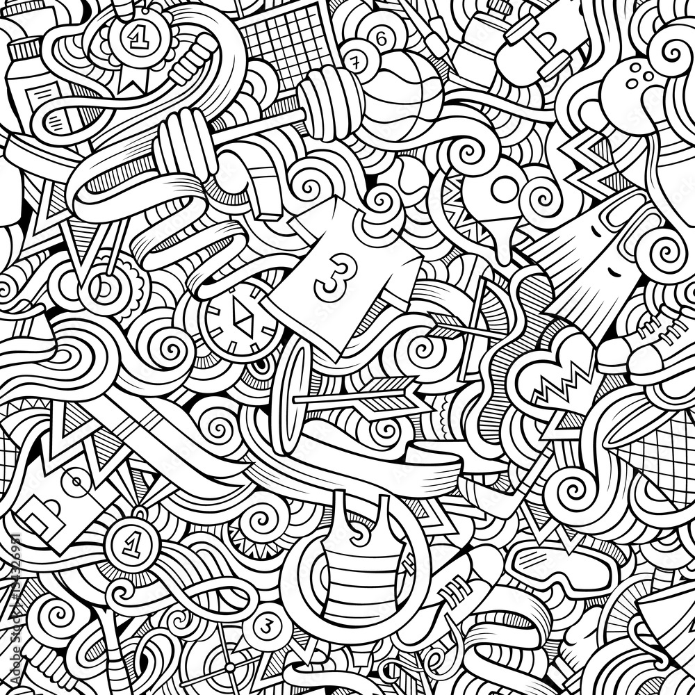 Naklejka premium Cartoon cute doodles hand drawn Sport seamless pattern